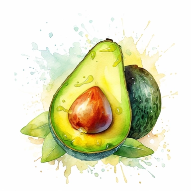 Watercolor clipart of Avocado in the style of ethereal watercolor washes, strong watercolor paper texture, multi-layered, lith printing, havencore, texture-based, isolated on white background