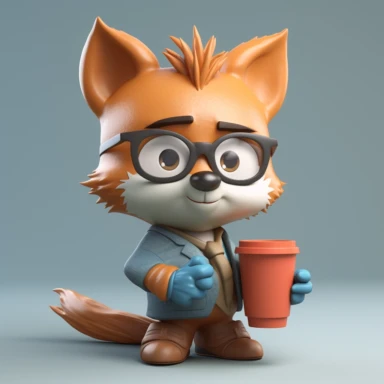cute 3D kawaii sleepy nerd fox with glasses on his face and a cup of coffee in his hand clipart