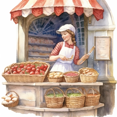 Cute french - style a farmer selling strawberry bakery stand clipart, 1940, strawberry bakery, distinguished bakeries, detailed bakery, watercolor, realistic watercolor painting in storybook illustration, pencil drawing by Angela Barrett, Elsa Beskow, highly detailed, 8k, high resolution, crisp details, white background