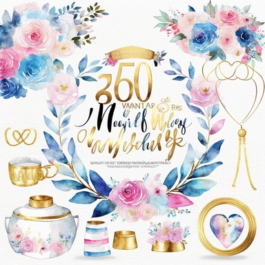 watercolor marriage anniversary clipart collection, white background, white, pink, blue and gold illustrations