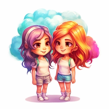 Cute Beautiful Rainbow Cloud Pride LGBT Couple girl Cartoon Clipart,Cartoon, hyper realistic, intricate detail, illustration style,high solution,on the white background