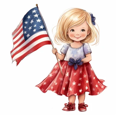 independence day u.s.a. super-cute , Perfect for nursery art and children's book illustration style, simple, cute, full color, clipart, watercolor illustration, single object, white background for removing background