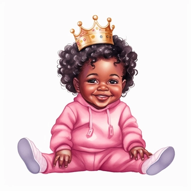 a black baby girl with gold crown, dressed in hot pink, pink sneakers, smiling, sitting down, cartoon, watercolor clipart