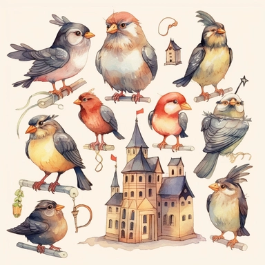 wizarding school, birds, vector art, simple, cartoon,2d,pastel watercolor, clipart