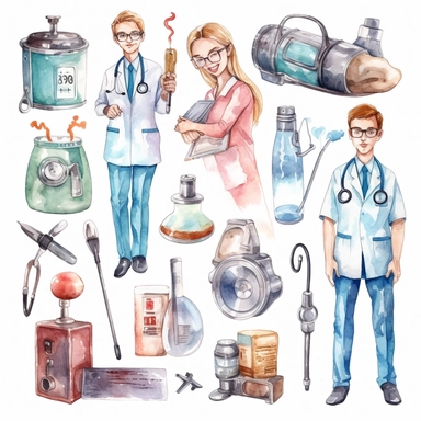 watercolor doctor related scenes , illustrations clipart set, simple, , cartoon elements ,different variants , glucometer, insulin syringe, nurse, doctor, stethtescope, mechanical body weighing scale, tweezers, microscope, ambulance, , separate elements with a margin