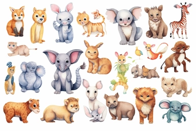 cute and friendly baby factory animals clipart, storybook style, HD, spaced out, isolated white background