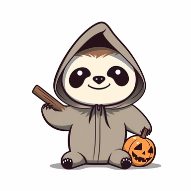 clip art, cute little sloth, Halloween, trick or treating. pixar style, simple, comic book flat vector, white background