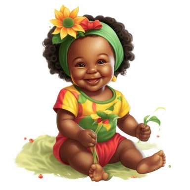 Happy baby juneteenth girl with red, green, yellow cloths and flower, full body, hand draw Illustration clipart, 4K, extremely detailed