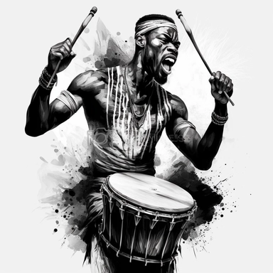 african man, dancing, playing percussion with drumsticks, music, realistic, detailed , black and white, clipart , vector