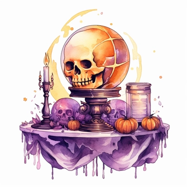 hand drawn glowing crystal ball sitting on a table with crystals, tarot cards, a wand, candles and a pumpkin, Halloween, purple and orange shades,fantasy, glamorous, , clipart style, detailed and realistic, watercolor, white background with margins