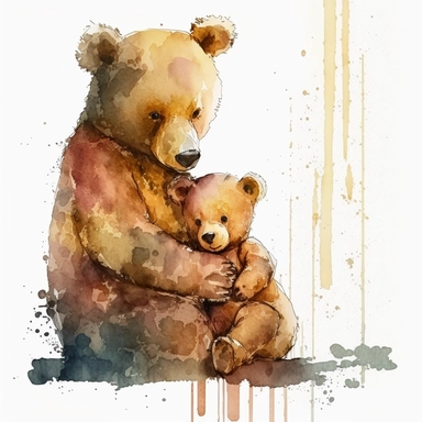 clipart of watercolor style mother teddy bear with her cute baby bear, dynamic pose, no text, no extra leg, no deformed, v4