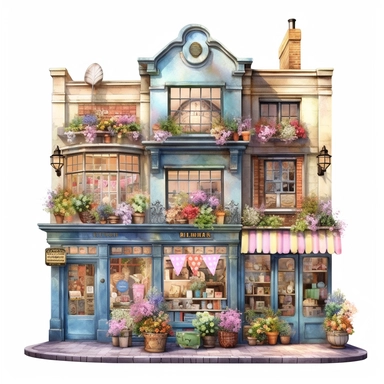 a very cute toy shop with lots of toys , clipart, exterior view, cozy, flowers, luminious, dramatic lighting, super detailed, daytime, Thomas Kinkade style, watercolor, 8k, on isolated white background