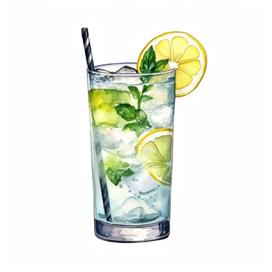 tom Collins watercolor cocktail, realistic clipart, white background