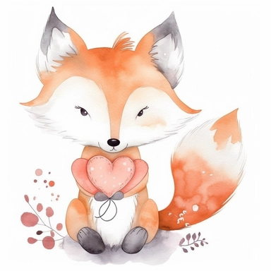 cute kawaii fox clip art watercolor with hearts and white background nursery themed
