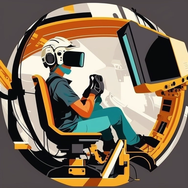 excavator cockpit, worker wearing vr headset, virtual reality hmd, poster, simplistic, abstract, vector, 2d illustration, clipart, few colors