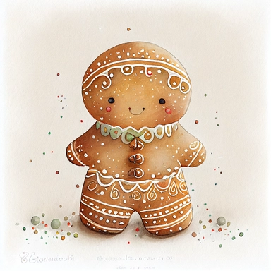 A watercolor painting of cute christmas gingerbread man, christmas gingerbread man, christmas gingerbread, cute detailed digital art, inspired by nicoletta ceccoli, by Kubisi art, whimsical and cute, by nicoletta ceccoli, cute detailed artwork, glimmering, adorable and whimsical, whimsical art, Clipart style, png style, svg style, blank white background, a solid white background