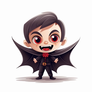 Adorable vampire with a cape and fangs, white background, cartoon clipart