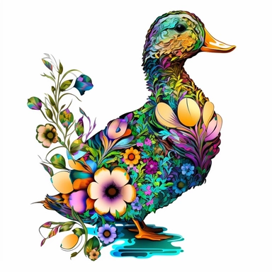 psychedelic cute real flower duck art nouveau, bright colours, clipart, centred, white background