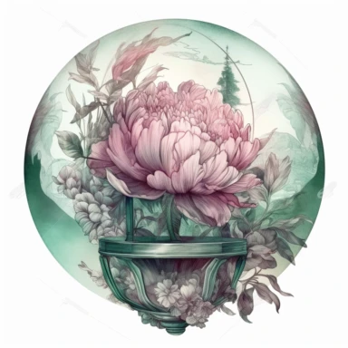 Crystal ball with a fantasy world inside, decorated with peony , in the style of mystic mechanisms ,pencil art illustrations, Isolated white background, reimagined by industrial light and magic, lith printing, illusory images, watercolor clipart, very subtle emerald tones, , ,