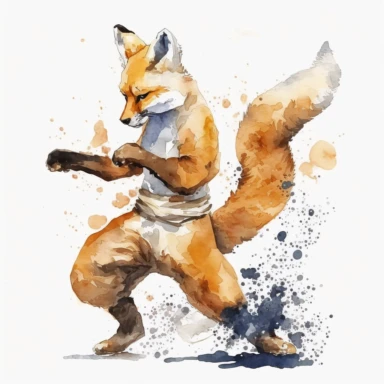 Karate Fox watercolor clip art illustration, white background