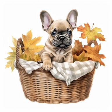 french bulldog puppy in basket with leaves, watercolor illustration, clipart, full body, hyper-realistic animal illustration, childlike, free brushwork, white background
