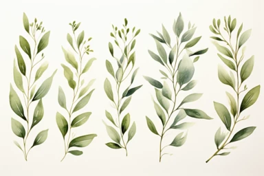 artistic watercolor olive leaves clipart, page border, spaced out, olive green, soft edges and blurred details, elegant, white background, hd
