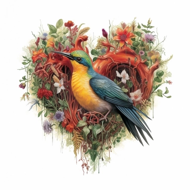 painting of a real heart with a forest inside of it, in the style of enchanting realms, nature-inspired installations, bloom core, colorful flowers ,hummingbirds ,mesmerizing colorscapes, skillful, fluid and organic, clipart, white background