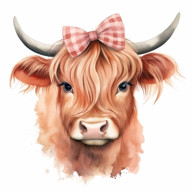 cute watercolor illustration of fullbody girl highland cow wearing hair bow on head clipart on white background