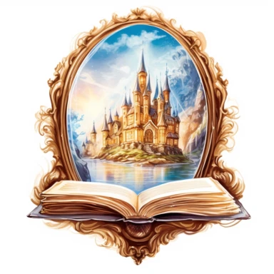 a fairytale magic oval mirror coming out of an open book with light brown crumpled pages, in the style of a high detail watercolor clipart on white background