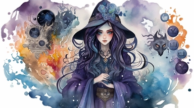 Enter a world of dark fantasy with captivating watercolor clipart featuring a mysterious magic girl. Picture a young sorceress cloaked in shadows, her eyes glowing with arcane power. Her flowing robes, adorned with intricate patterns and symbols, blend seamlessly with the ethereal and enchanting atmosphere surrounding her. The watercolor medium adds a touch of whimsy and unpredictability to the artwork, with its vibrant colors and subtle textures. This clipart is perfect for adding a touch of ma