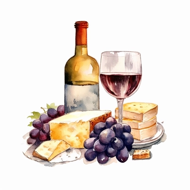 clip art ,Wine and Cheese Art Print, watercolor , no background