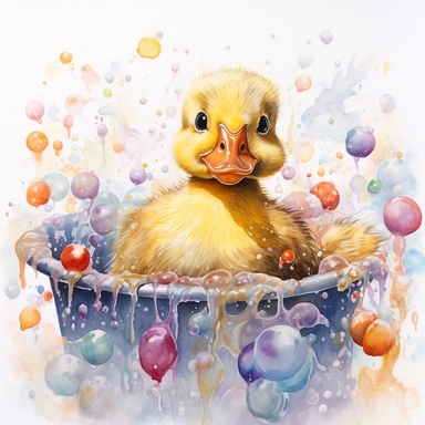 realistic watercolor drawing featuring a cute baby duckling, full of pure delight, as it happily frolics and splashes in a bathtub filled with a medley of colorful bubbles. The duckling's endearing expression and fluffy downy feathers are depicted with clean lines and vibrant colors, while the bubbles pop with a playful assortment of bright tones. The watercolor painting is created in a clipart style, allowing for easy integration into various projects and designs. Against a white background, th