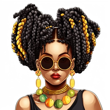 ? ? ? cartoon beautiful black woman posing, with big curlymulticolor braids, gold jewelry and enormous chunk funky sunglasses, clipart, v5 ,white background