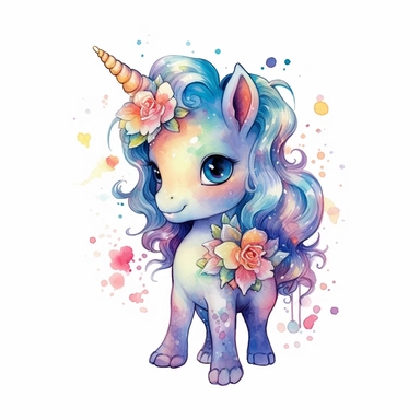 High level watercolor, hyper realistic cartoon, transparent background with margins, 8k, ultra detailed clipart, cute colorful unicorn, with big cute eyes, flower, and shimmering fairy dust, magical pattern, cool, fairy