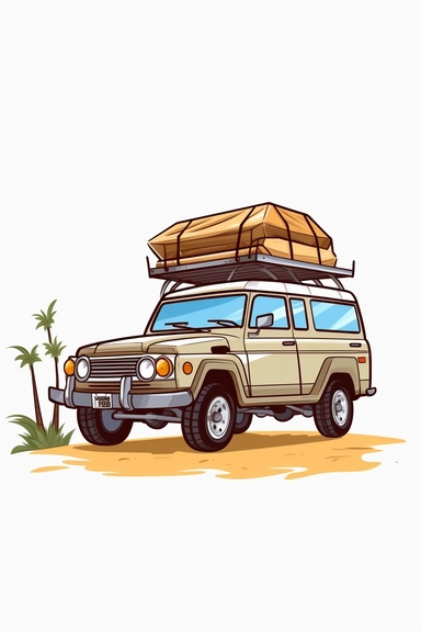 cute SUV beige going camping, cartoon style, clipart, white background, transparent background