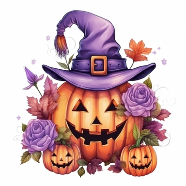 Spooky Cute halloween sublimation, Purple color Clipart, below are some flowers, and the head is cap, isolated on a white background,high quality design and Summons will be a pumkin,