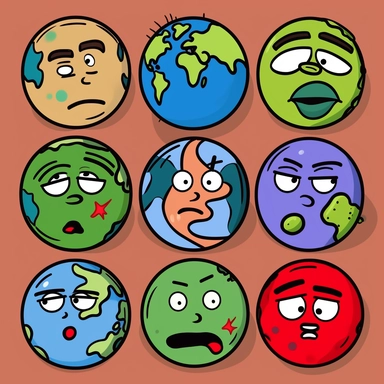 a clipart for the earth day 2023 of earth doing different faces like, angry, happy, excited, interested, sad, sick, concerned, in love, worried and disgusted