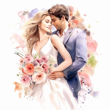 beautiful watercolor fun, happy and cute photorealistic white wedding couple, decorated in big pastel and light colors flowers in the style of aquarelist, wedding illustrations award winner, wedding clipart, 8k, white background, intricate details illustrations very detailed, uhd exquisite clothing detail, rimel neffati