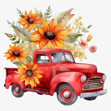 watercolor chevrolet red truck with sunflower png clipart