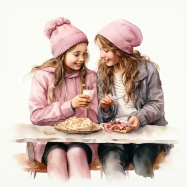 Watercolor Clipart, two young ladies, best friends, 19 Pink girly, single object, eating pizza together ,isolated on white background, highly detailed, hand painted watercolor illustration by Cath Kidston, Emma Bridgewater, png transparent background, white background for removing background - - no text shadow font watermark