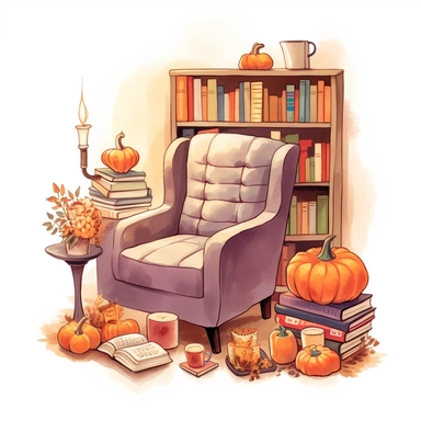 A fall setting with a cozy chair, pumpkin spice latte, books, candles and thematic assets. On white background, golden hour, pixel art , style by Lucy Fleming, watercolor, smooth gradients, black contour outline, ultra detailed, clipart elements, delicate pastel colors, solid white background, super clear, high quality