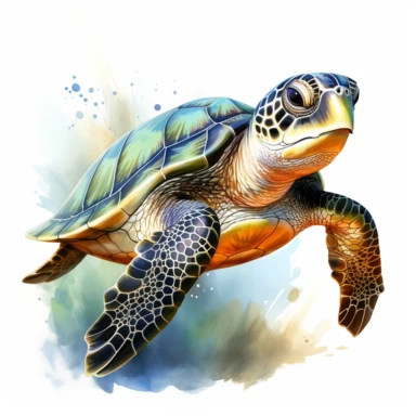 Design a caricature watercolor-style clipart of a delightful baby sea turtle, exaggerating its charming features with a palette of vibrant greens and light blues. Begin with the baby turtle, emphasizing its small yet sturdy shell using various tones of green. Use energetic, broad brushstrokes to illustrate the texture of the shell, allowing the colors to mingle freely to give a sense of depth and charm. Next, focus on the turtle's adorable head and flippers, using a brighter shade of blue to dis
