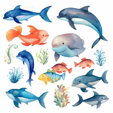 ocean clipart, watercolor fish under the sea bundle, whale clipart, Sea animal pngs clipart, sea life birthday party, Dolphin clipart