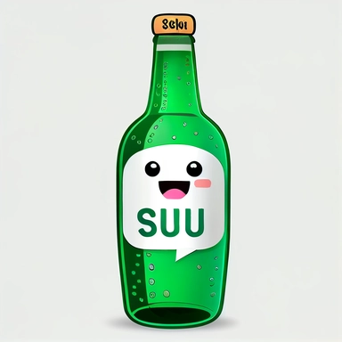 green beer glass style bottle of “S O J U” with a white label, emoji clip art, text to read “SOJU”