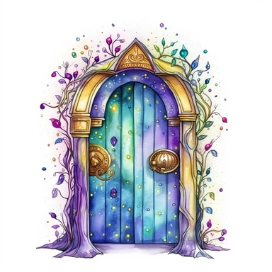 cartoon fairy door, glowing lights and sparkles, colors of green purple gold and blue, glamorous realistic and detailed, watercolor, white background with margins, clipart style