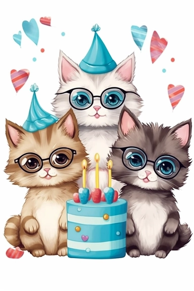 happy birthday party clipart for card print, cute ragdoll kittens with glasses illustration, hallmark 1950s style png vector isolated on white background