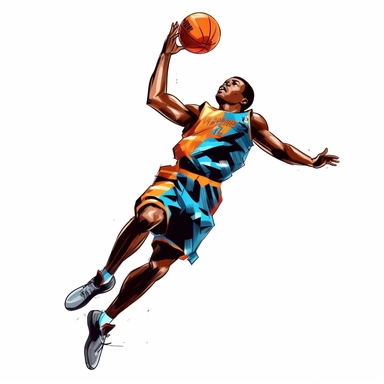Clipart a basketball player in a jump scores a ball into the basket. On a white background without shadows.