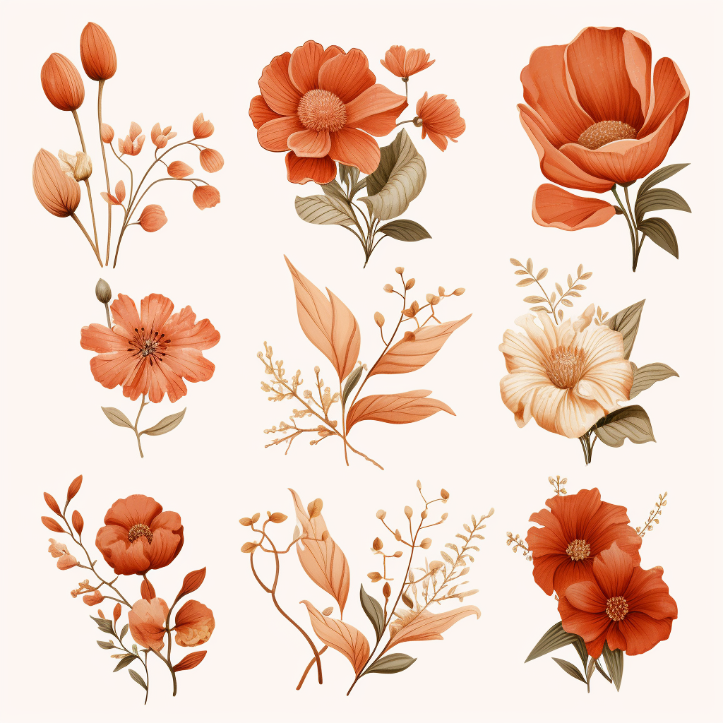 8 different matching terracotta floral clipart vector art white ...