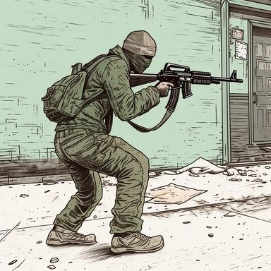 a full body portrait of a man holding his M16 rifle and shoot fire to the side,in a poor street+aim his weapon up +side view+dark color tones+ vintage drawing style ,clipart drawing,clipart image,high definition drawing,clean colors,balanced colors,detailed drawing,ratito 16:9 , aspects : high 1920 + width 1080