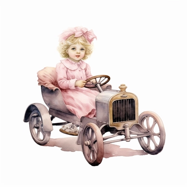 Watercolor Victorian baby girl in driving a pink ford t car from the era clipart , on a white background, Illustration clipart, 4K, extremely detailed